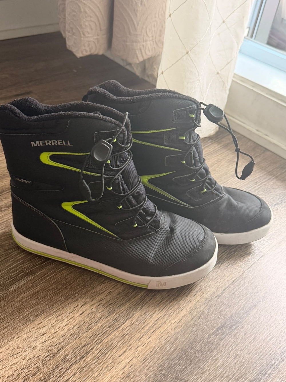 Merrell Black with Neon Green Trim Kids Waterproof Snow Boots